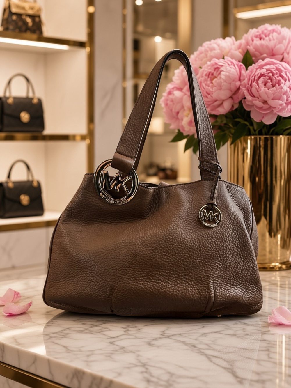 Michael Kors Dark Brown Pebbled Leather Shoulder Tote